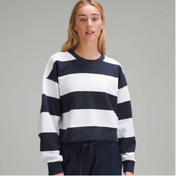 lululemon athletica Tops - Lululemon, Perfectly Oversized Cropped Crew, Navy and White Stripe, Size 8, NWT!